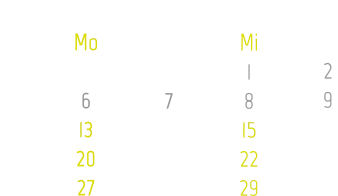 Unterrichtsplan Januar 2025 Kw 01 Kw 02 Kw 03 Kw 04 Kw 05 Mo  6 13 20 27 Di  7 14 21 28 Mi 1 8 15 22 29   Do 2 9 16 23 30